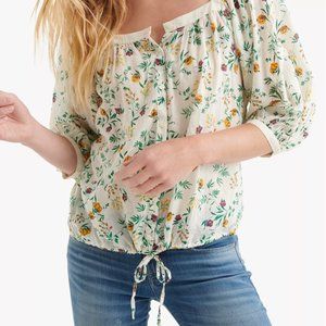 Lucky Brand Cotton Floral-Print Drawstring-Hem Blouse | Size S
